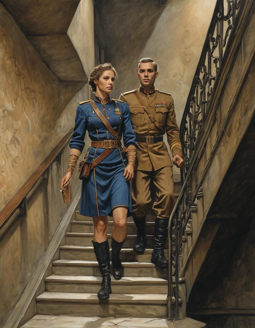 Officer and Woman in Illustrative Ink Style