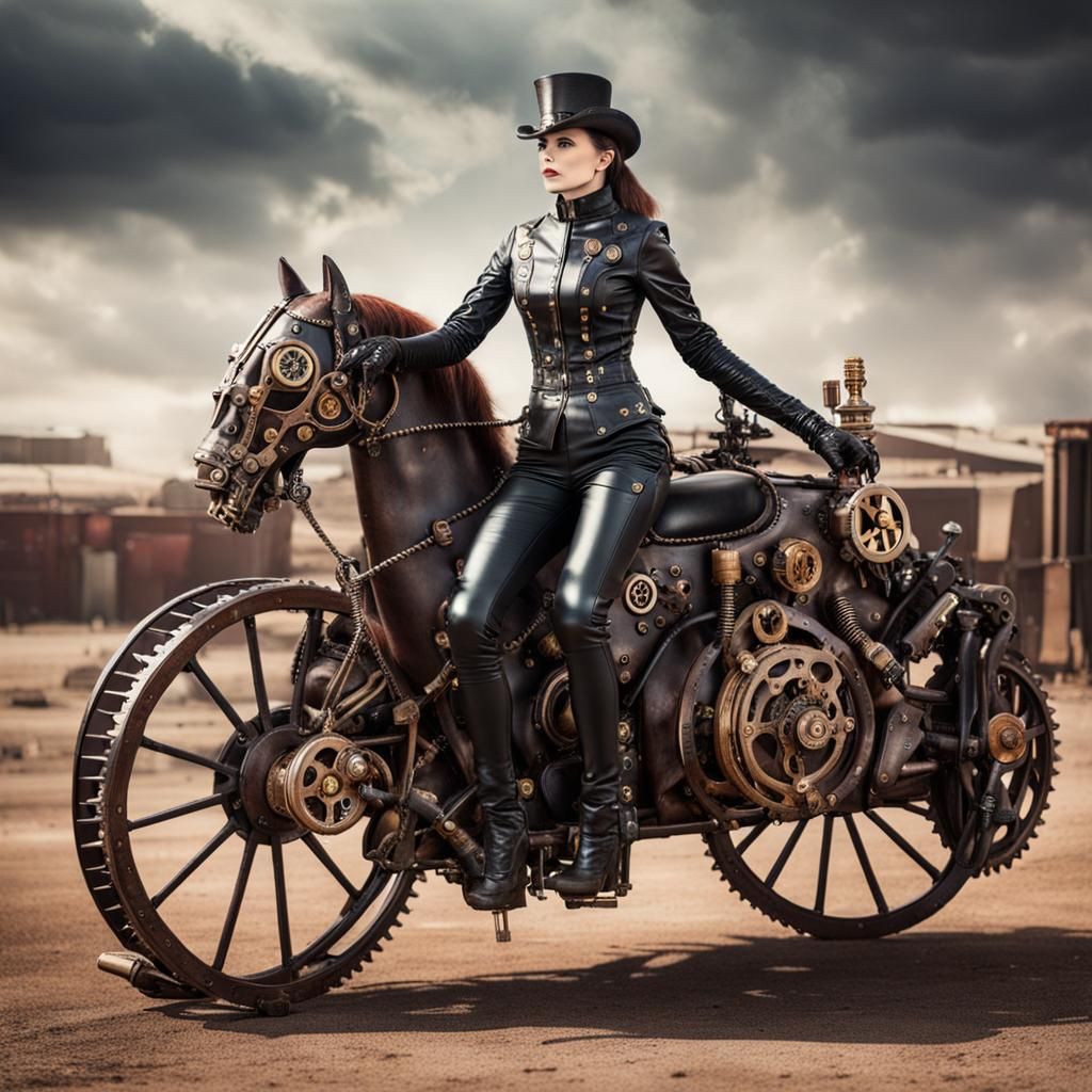 Steampunk Woman Riding Mechanical Horse