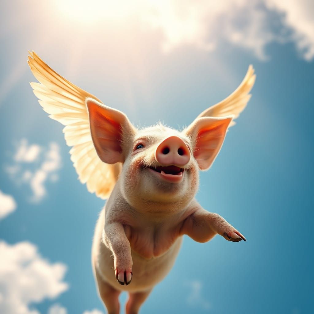 A Happy Pig Soars Through a Sunny Sky