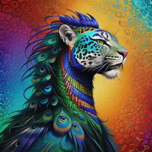 Colorful Dragon Man with Peacock Hair: Abstract Art