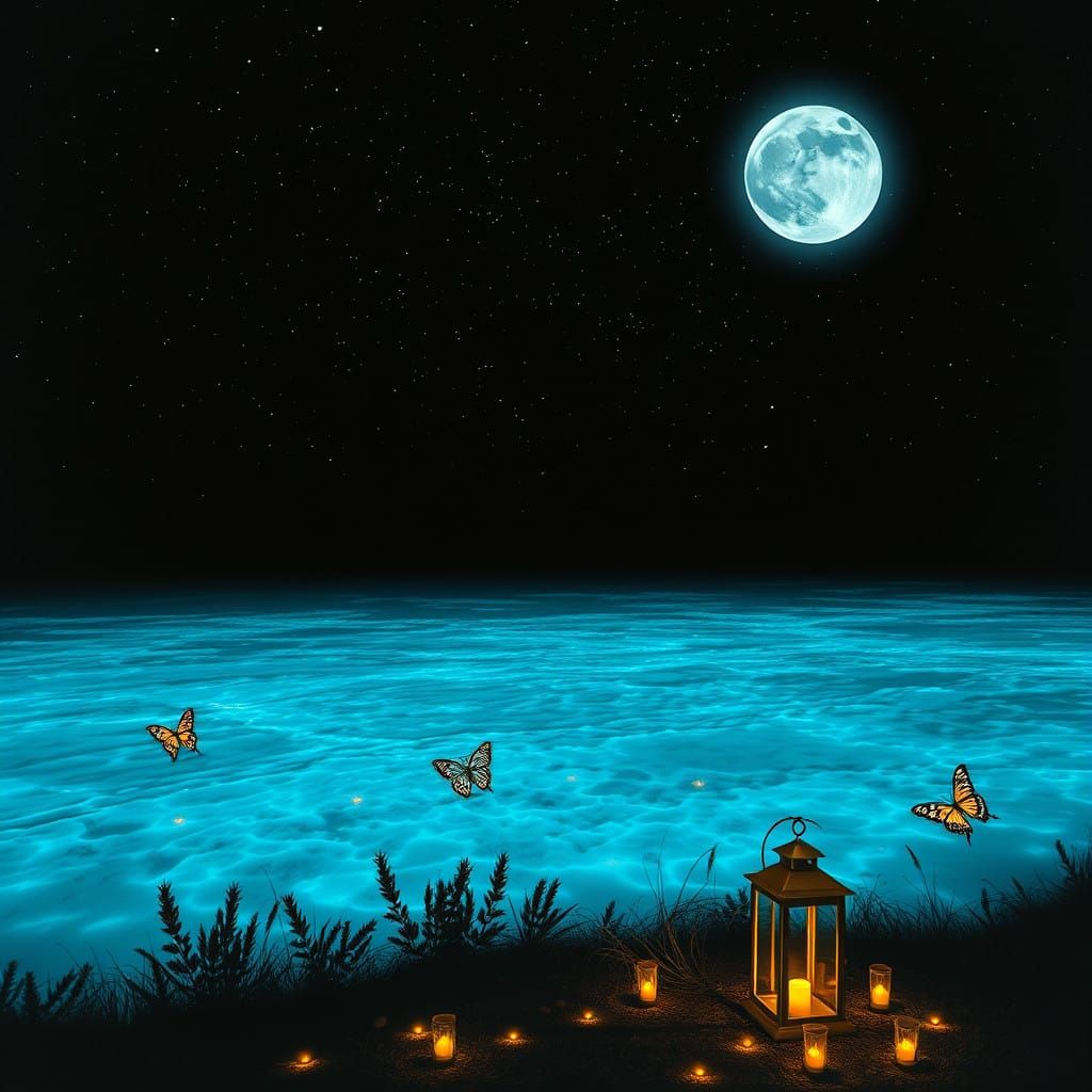 Luminous Blue Lagoon Under Starry Night Sky with Butterflies