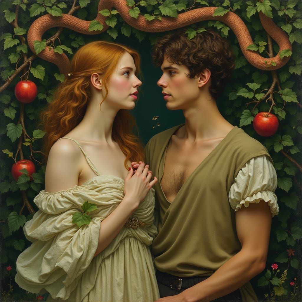 Surreal Young Woman Amidst Fig Leaves and Apples, with a Gen...