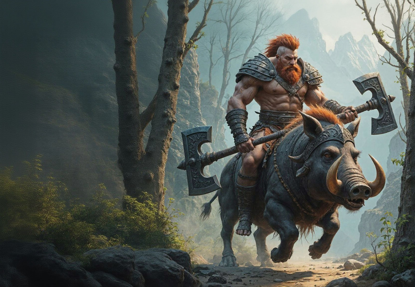 Barbarian Warrior on Armored Boar, Detailed Digital Painting