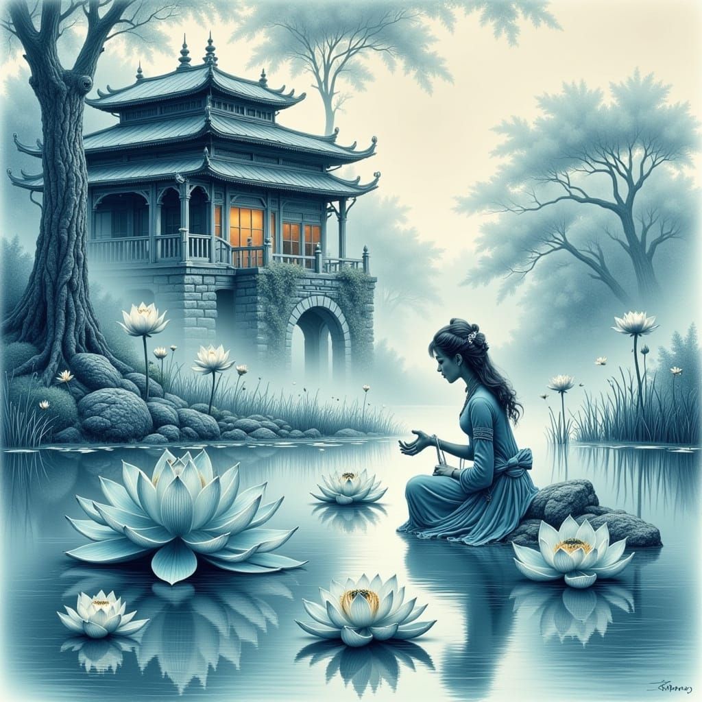 Buddhist Lotus Flower in Soft Blue Hues