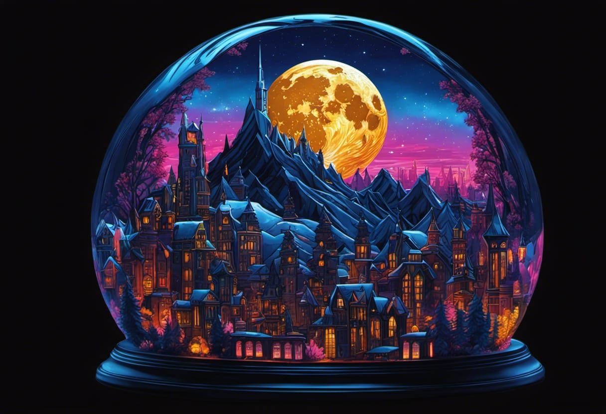 Moonlit City in a Winter Wonderland Snowglobe Scene in Vibra...