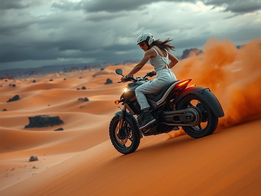 Cyberpunk Rider Soaring Over Alien Dunes