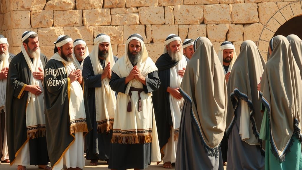 a scene of Jewish men and women praying together in ancient ...