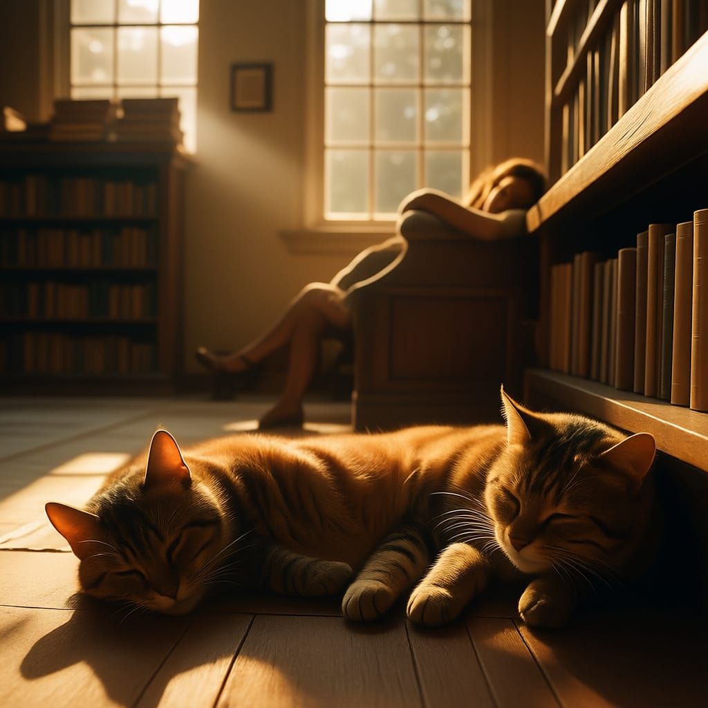 Woman and Cat Sleeping in Sunlit Library