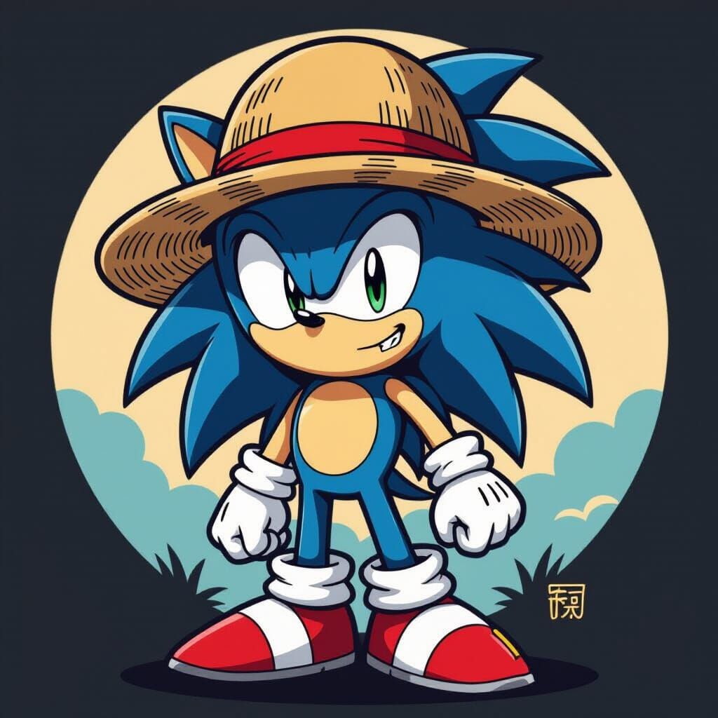 Sonic with Luffy's Hat: Bold Line Art