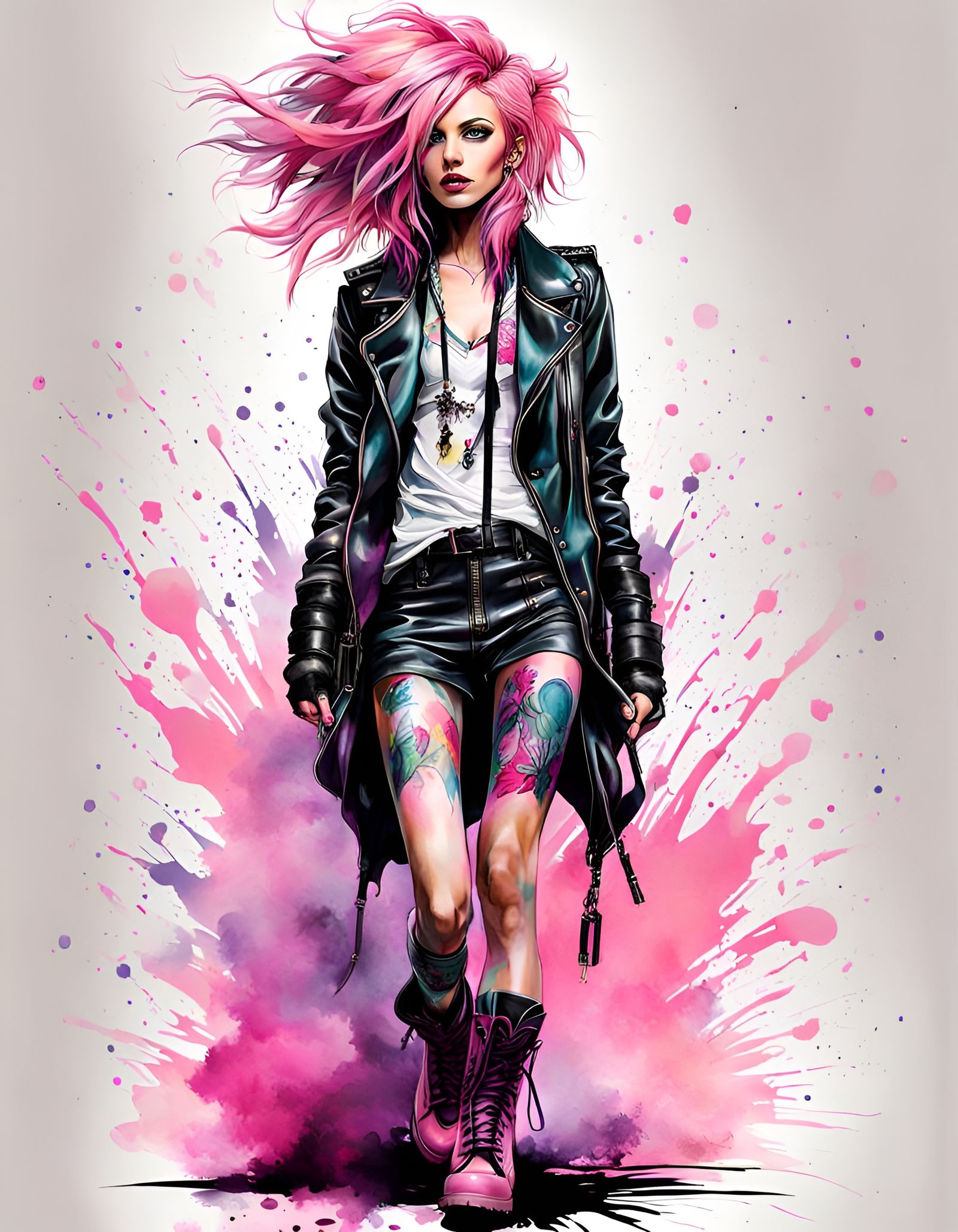 Emo Punk Girl in Flowy Gown: Ink Drawing