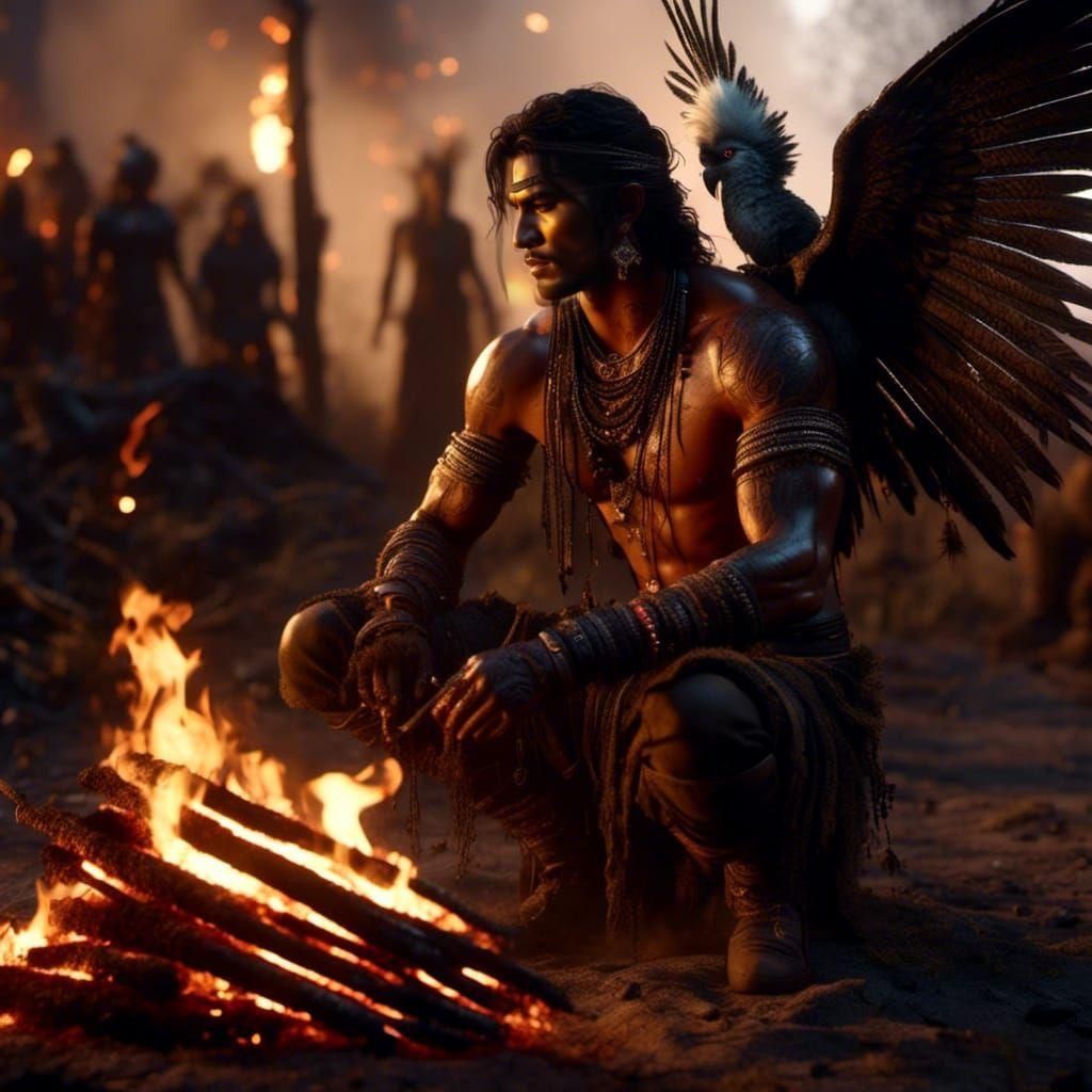 Apache Elven Man with Tribal Tattoos by Firelight