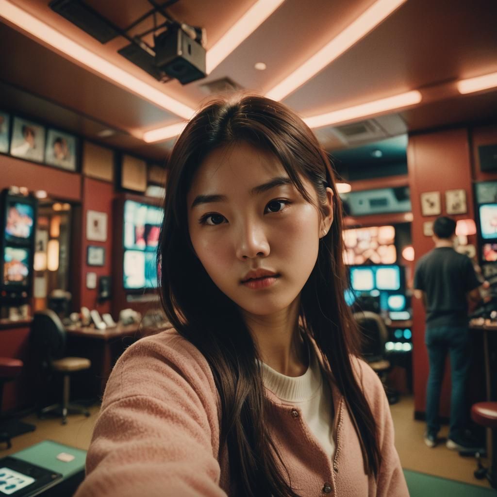 Korean Girl Selfie in Gaming Room: Cinematic Film Still