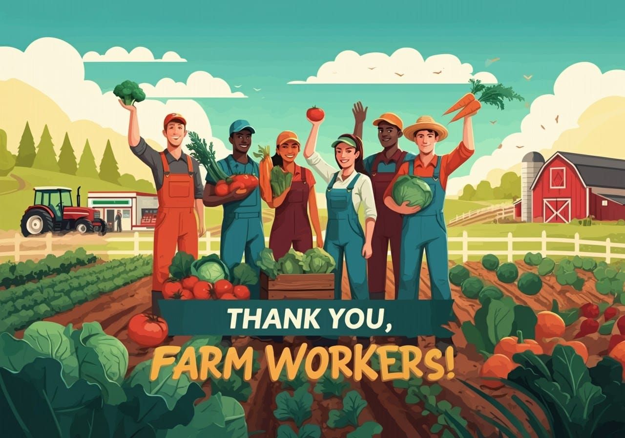 Diverse Farm Workers Celebrate with Vibrant Harvest