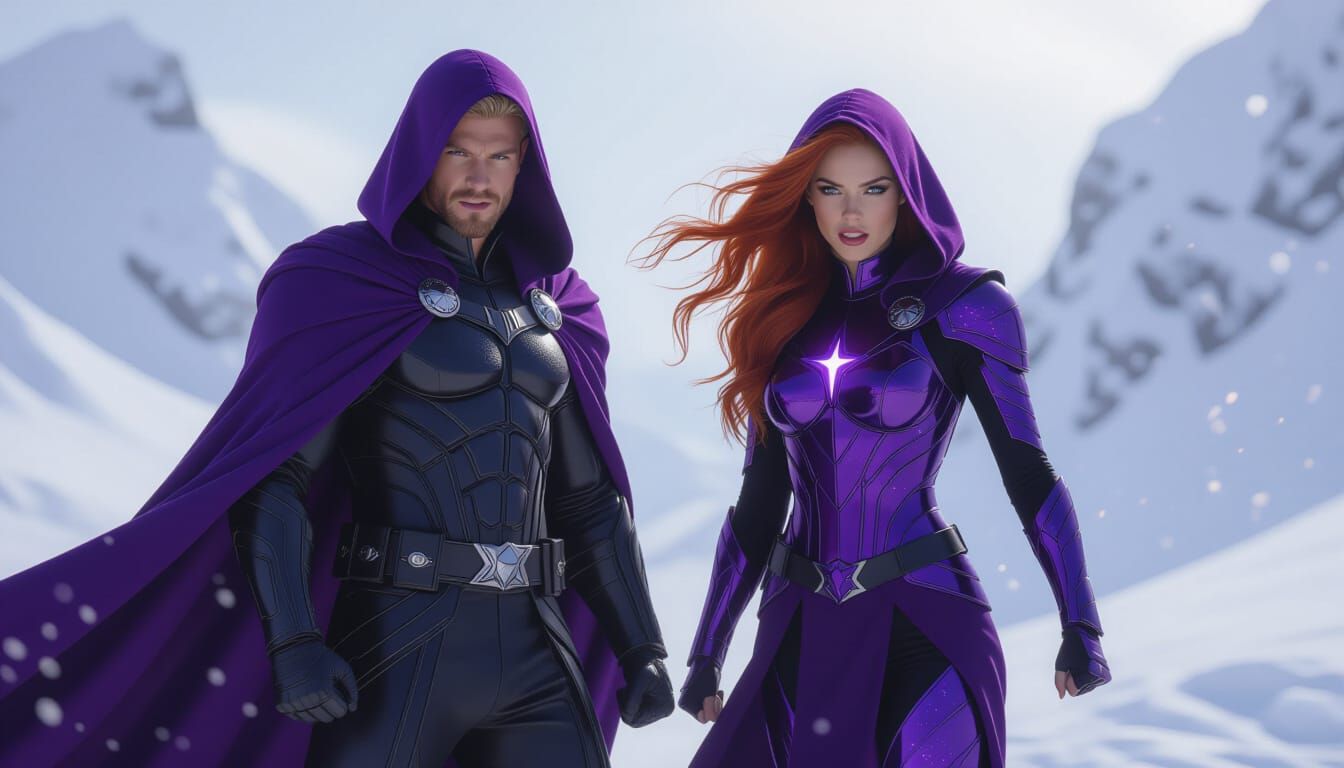 Cosmic Celestials in Nebula Costumes with Dark Purple Cloaks