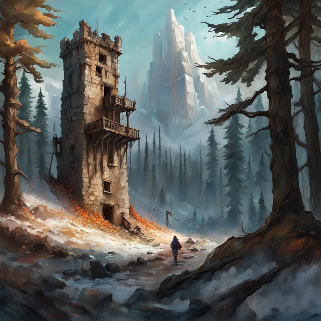 Ruined Tower in Snowy Mountains, Digital Concept Art