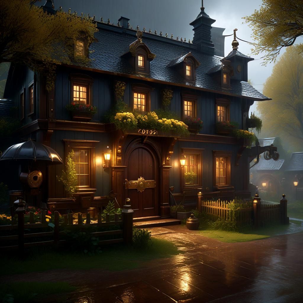 Village House with Golden Horseshoe in Spring Rain