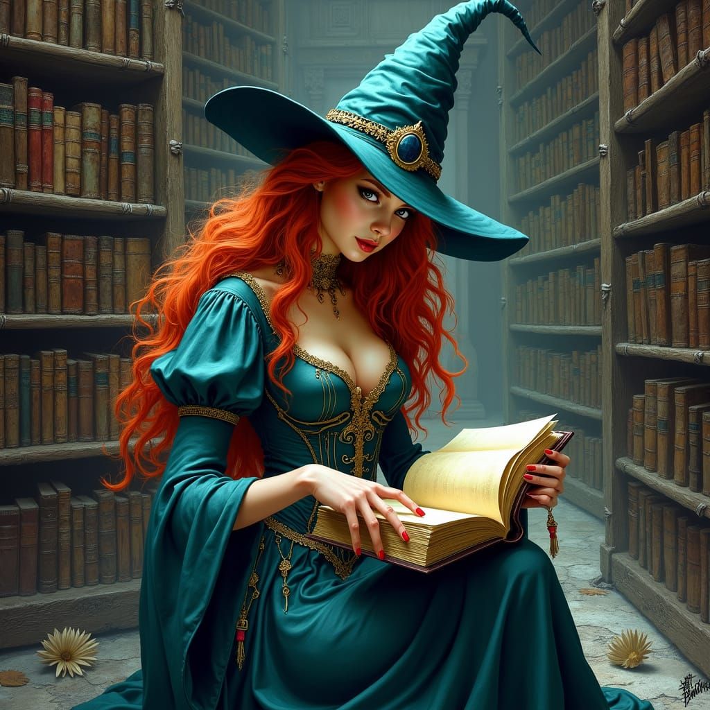 Ginger Witch Reads Magic Tome in Dark Library