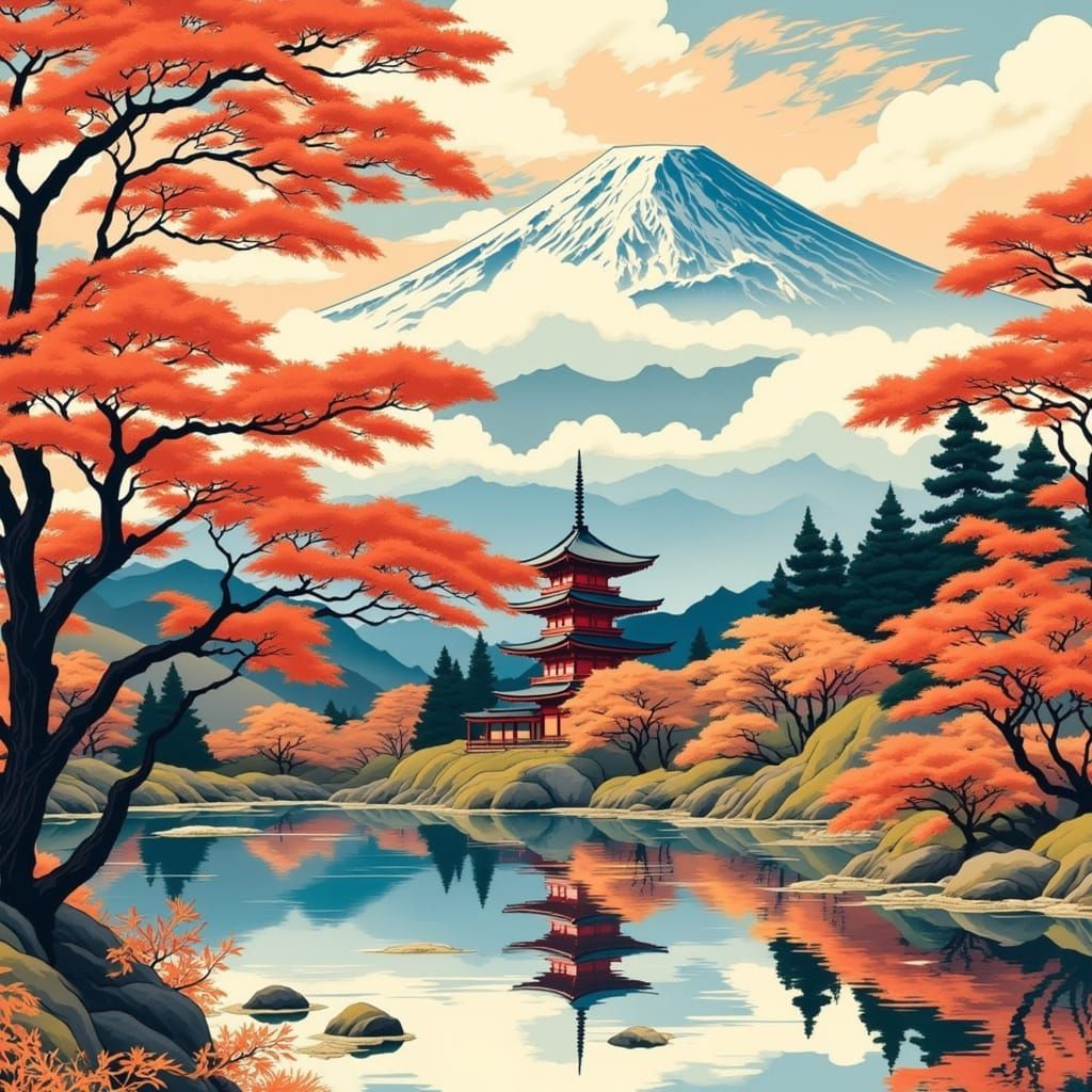 Surreal Japanese Landscape with Snow-Capped Mountain and Aut...