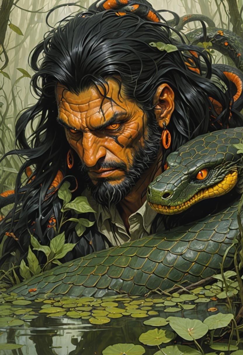 Anthropomorphic Snake Man in Swamp, Sinister Art