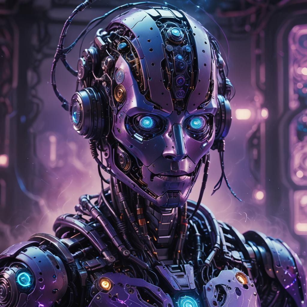 Humanoid Robot with Glowing Circuitry in Fantasy Art