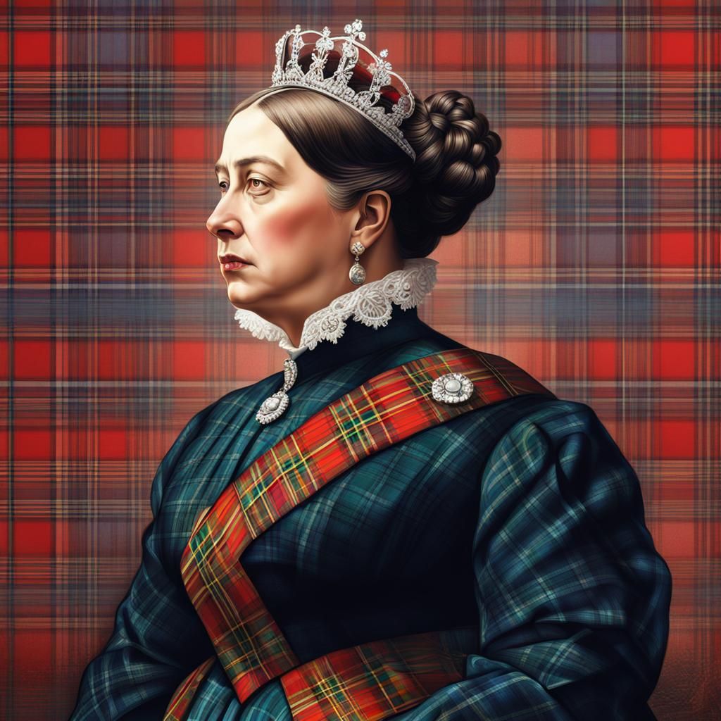 Queen Victoria Portrait in Tartan Dress: Hyperrealistic Art