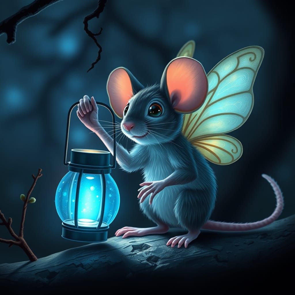 Whimsical Dark Fantasy Creature Illuminated by Blue Light