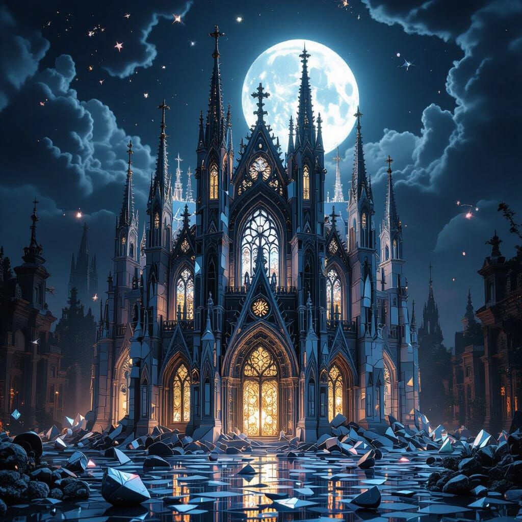 A gothic cathedral made of broken porcelain shards, illumina...