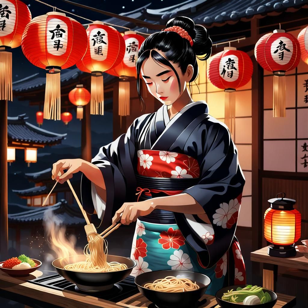 Ramen Chef at Night Festival in Realistic Style