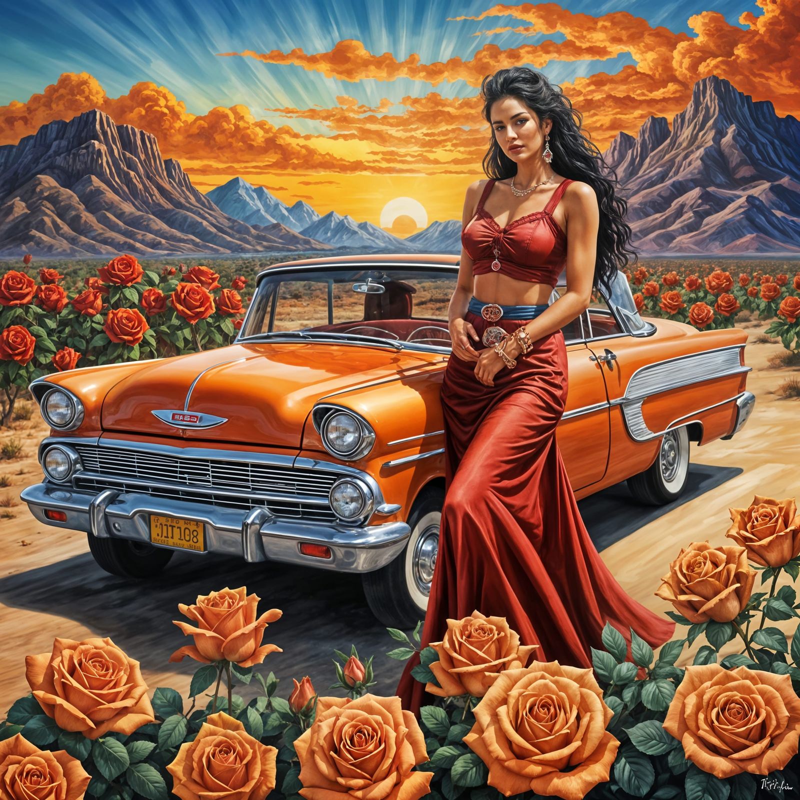 Chicana Beauty With Roses, Lowriders, and Zia Symbol
