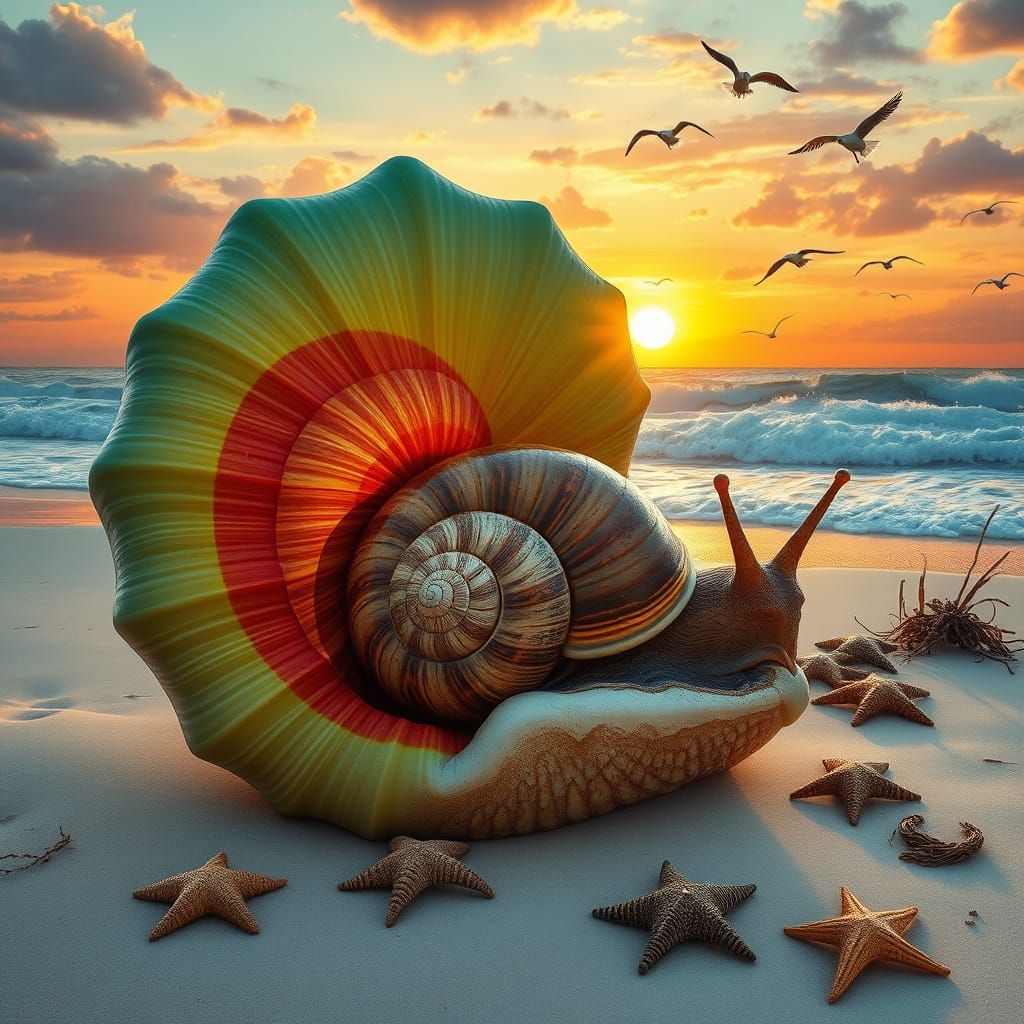 A beautiful gigantic ombre green, red,brown seashell and the Breathtaking,  mesmerizing gigantic snail is sitting on a b...