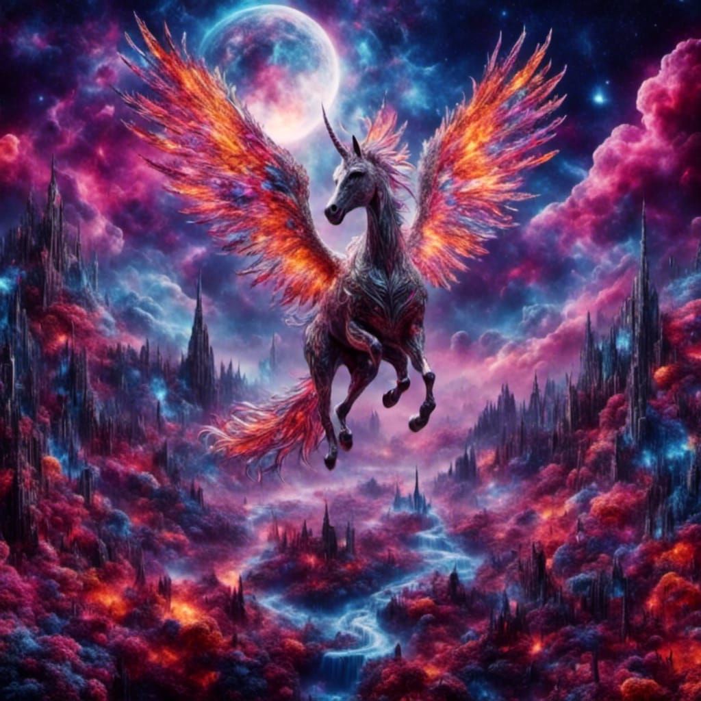 Pegasus Soaring on Alien World with Ribbons