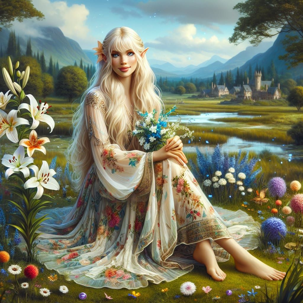 Eladrin in Meadow with Flowers: Digital Artwork