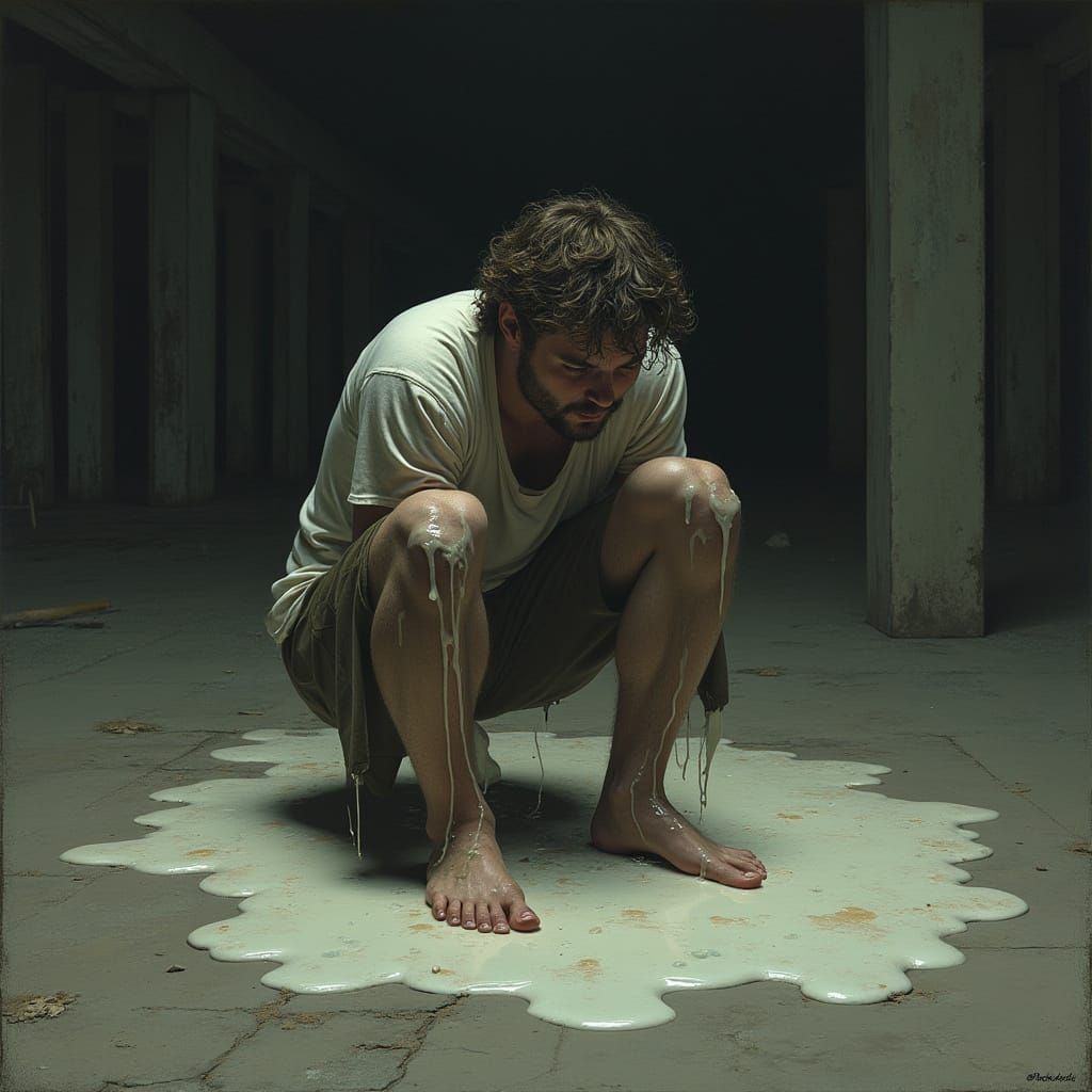 Distressed Figure Trapped in Glue, in a Dark, Industrial Aes...