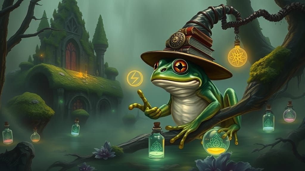 Frog Wizard Conjures Symbols in Misty Lovecraftian Swamp