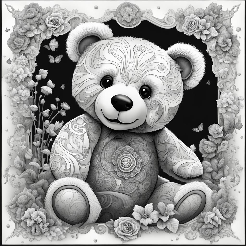 Detailed Black and White Teddy Bear Line Art