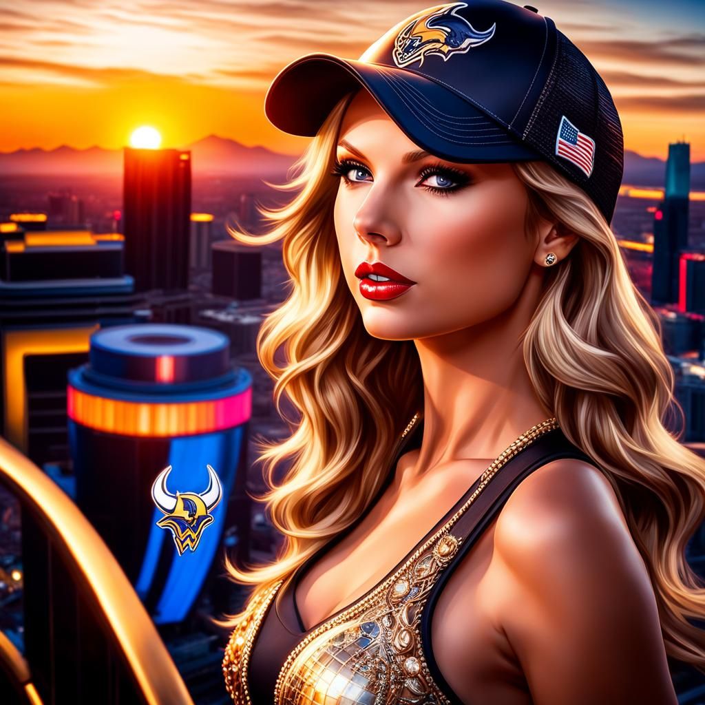 Hyperrealistic Blonde in Las Vegas with Vikings Cap