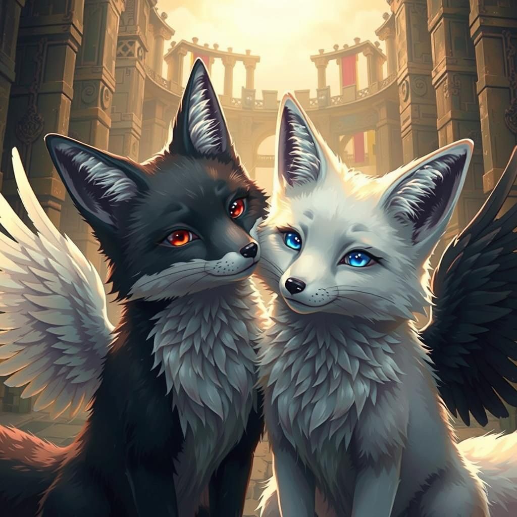 Winged Foxes Embrace Amidst Ancient Ruins: Anime Style