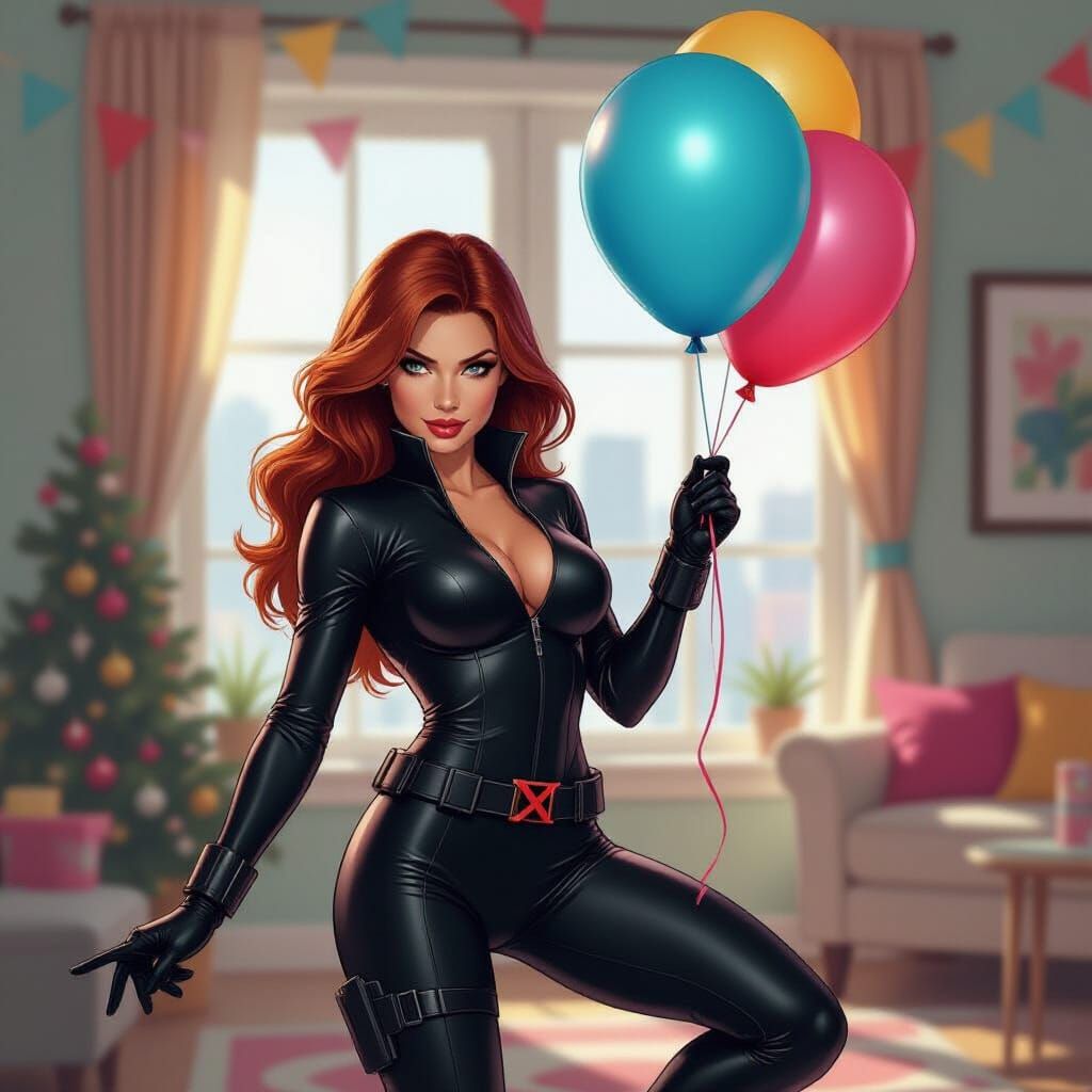 Black Widow and Party Balloon in Digital Art Style