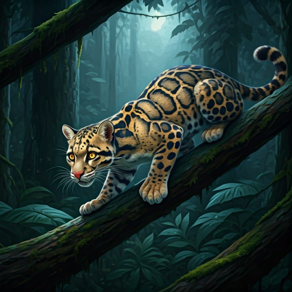Clouded Leopard Climbing Tree: An Oil Painting