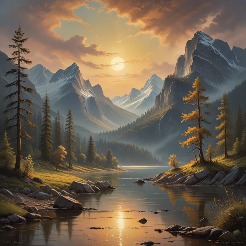 Moonlit Mountain Lake Forest in Oil Painting Style