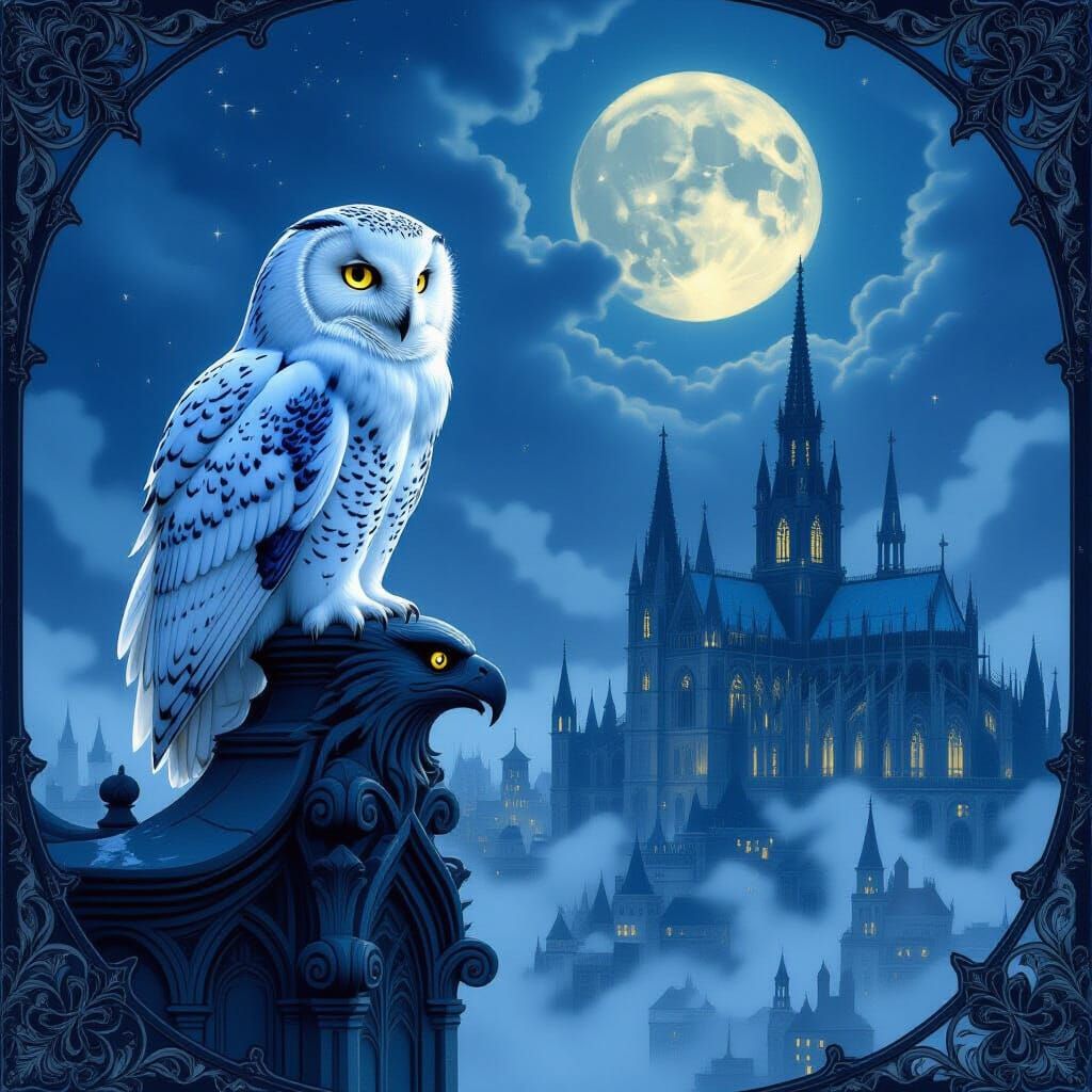Snowy Owl on Gothic Gargoyle in Art Nouveau Style