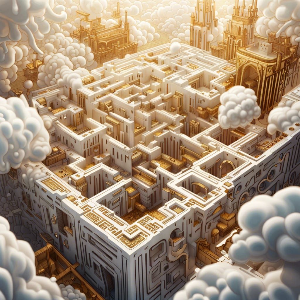 Futuristic Cloud Castle Maze in Hyperrealistic Style