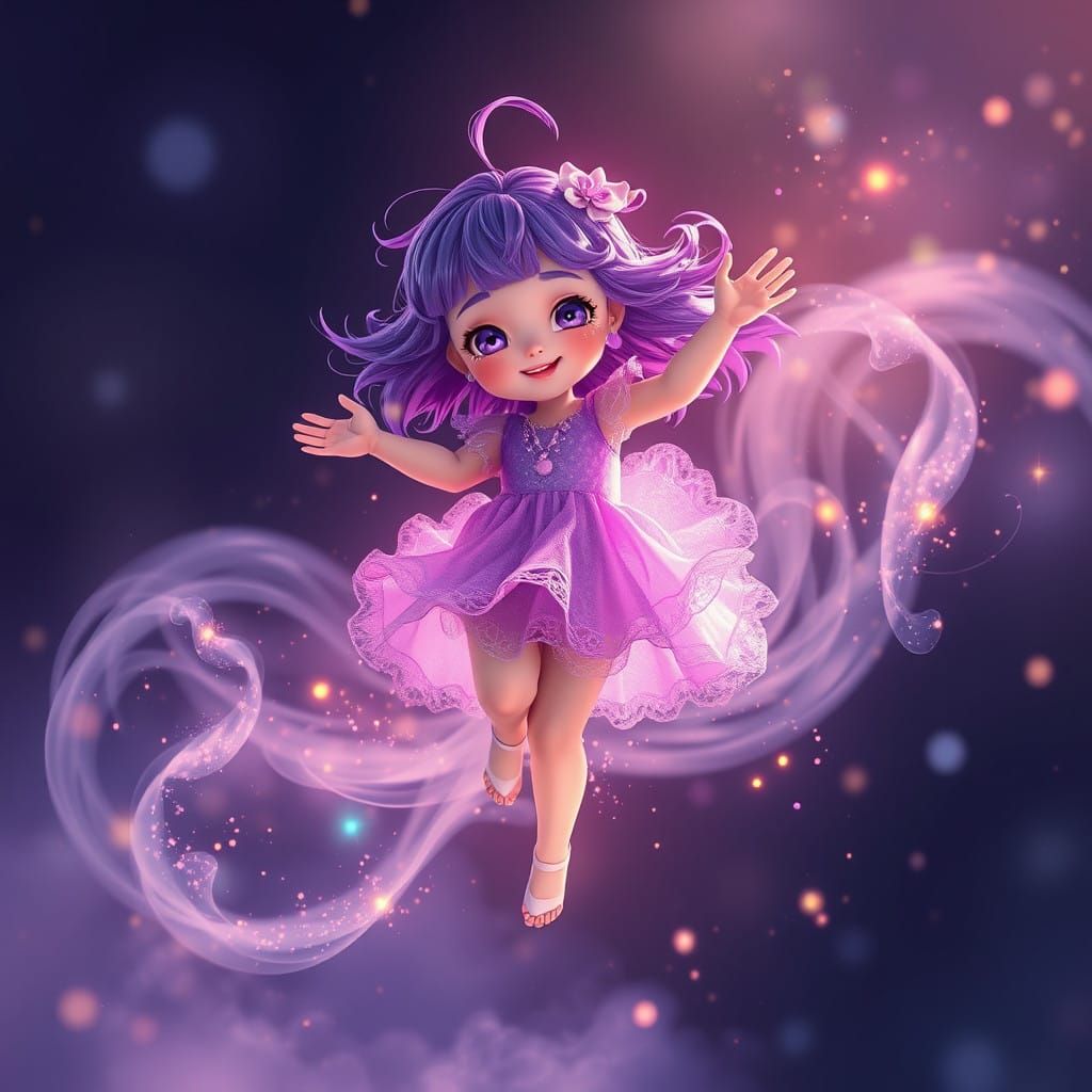 Whimsical Girl Levitates Amidst Iridescent Mist in a Fantast...