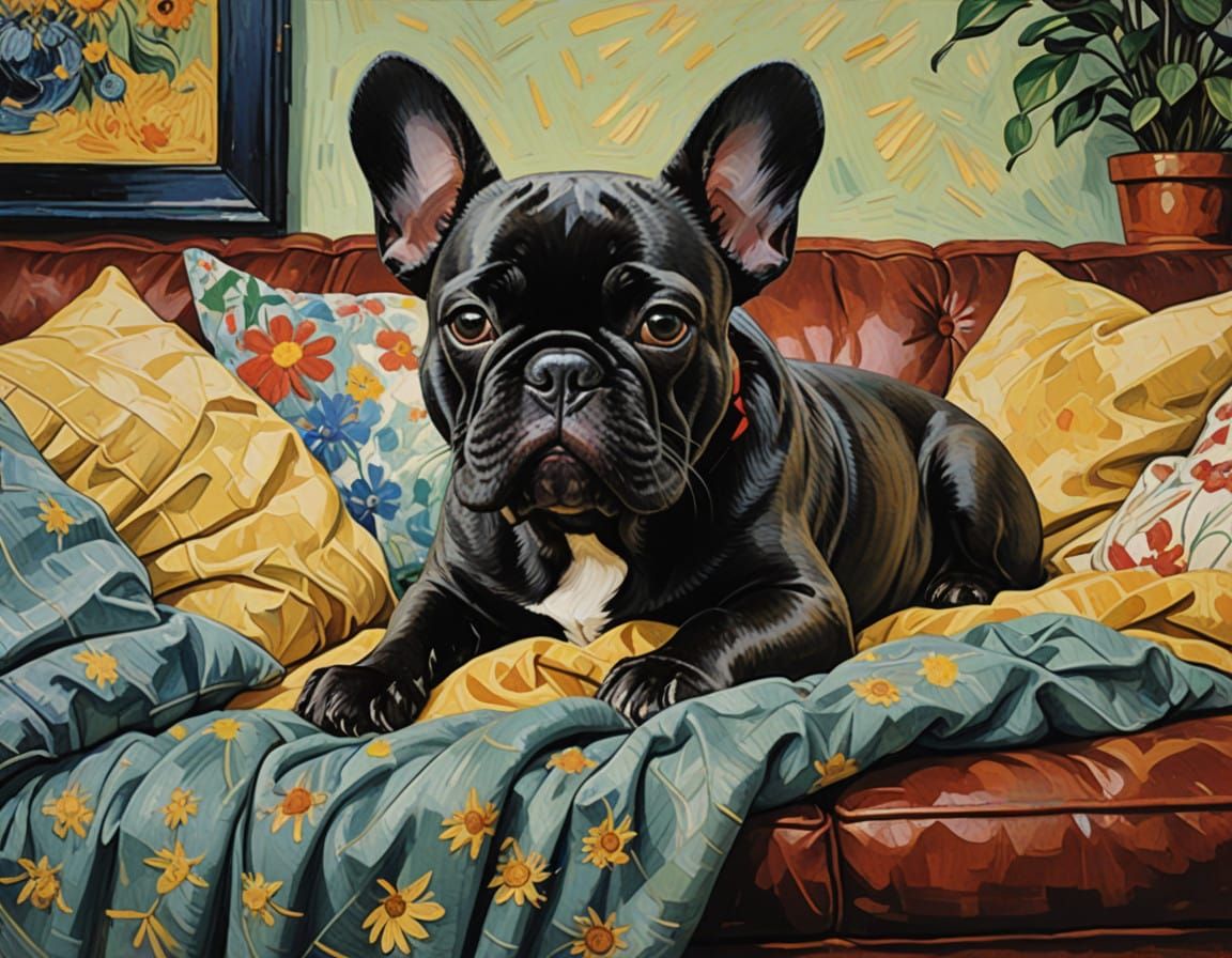 Serene French Bulldog in Whimsical Slumber, Velvet Couch Sce...