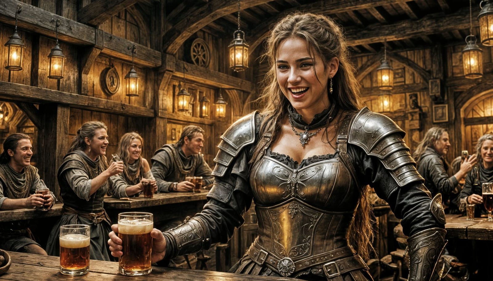 Female Warrior Laughing in Medieval Pub, Detailed Art