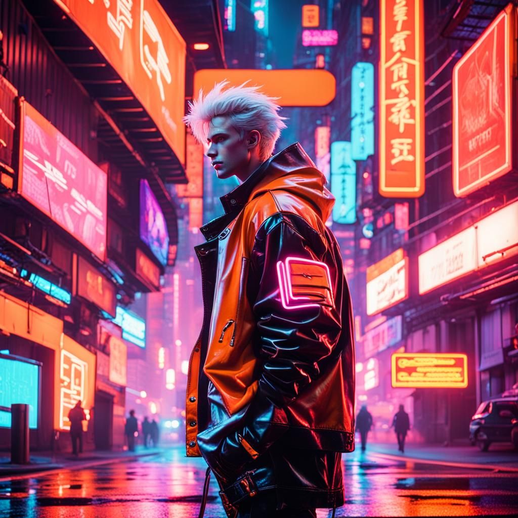 Teen in Orange Jacket: Cyberpunk Film Still