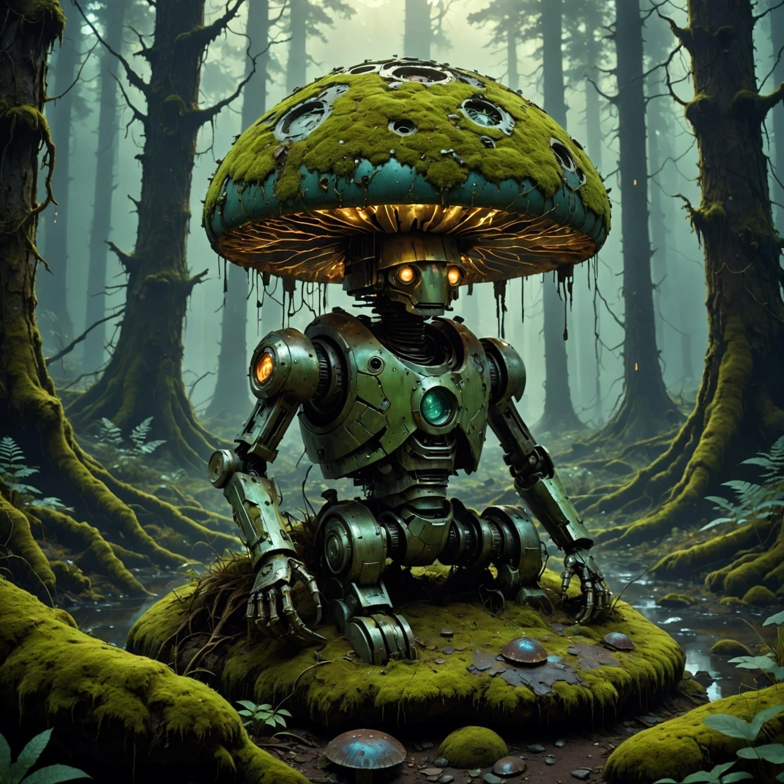 Mossy Automaton Slumps Against Giant Petrified Mushroom