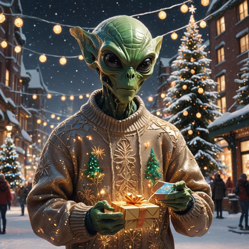 Festive Alien Visitor in Snowy City Square