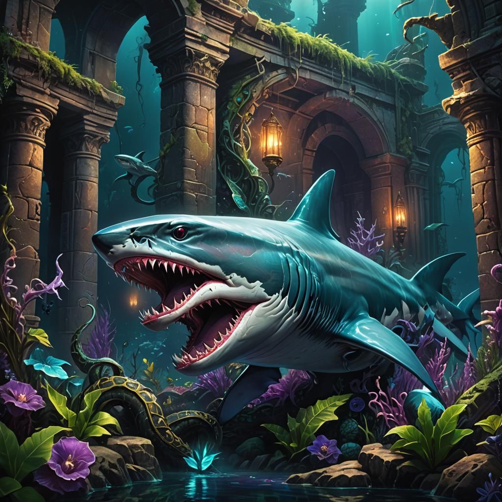 Underwater Entwined Shark and Serpent in Dark Fantasy Art