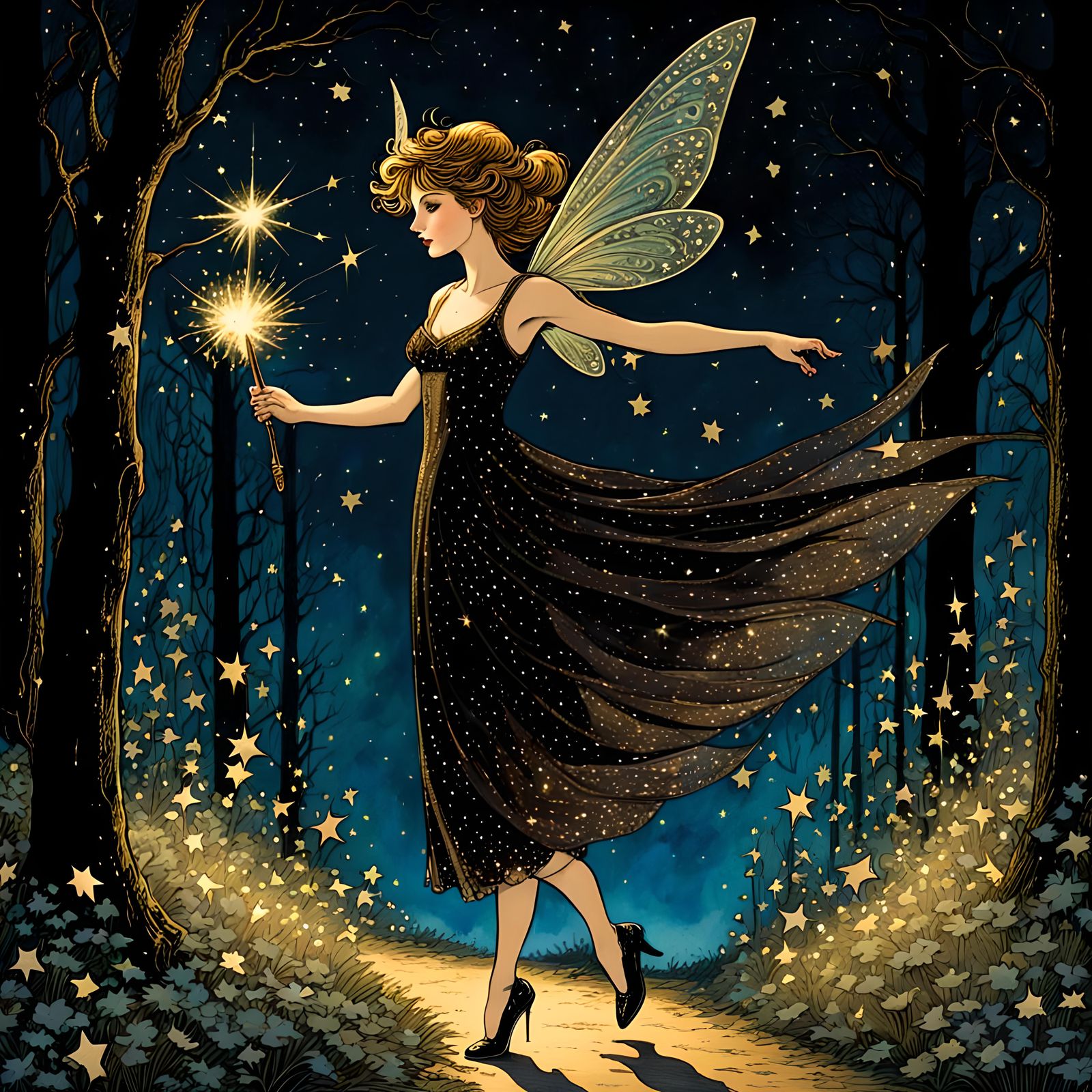 Beautiful pixie  flitting about the magical forest scatterin...